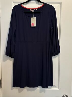 Boden Navy Long Sleeve Dress with Red Neckline Trim